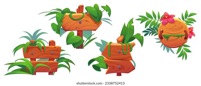 Jungle forest wood game sign board cartoon vector set. Ui tropical signboard frame for road direction aroow. Isolated tropic interface label for text with grass and flower. Blank billboard badge