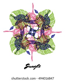 Jungle fractal composition. Colored composition with Jungle fauna and flora. Vector Illustration.