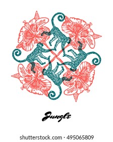 Jungle fractal  composition. Colored composition with Jungle fauna and flora. Vector Illustration.