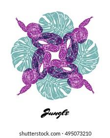 Jungle fractal composition. Colored composition with Jungle fauna and flora. Vector Illustration.