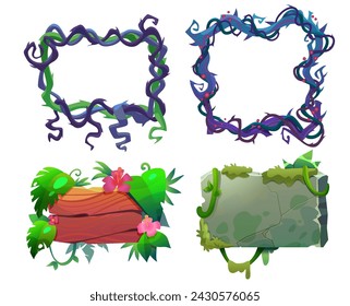 Jungle frame and border plate cartoon game ui design collection with green lush liana vines and dry creepy branches, wooden signboard with leaves and flowers and spooky marshy stone banner with moss.