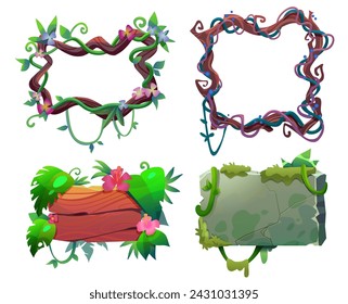 Jungle frame and border plate cartoon game ui design collection with green lush liana vines and dry creepy branches, wooden signboard with leaves and flowers and spooky marshy stone banner with moss.