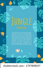 Jungle frame design for presentations and leaflets. Ready-made vertical design. Colorful flat vector illustration with text.