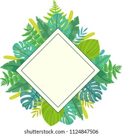 Jungle frame. Exotic leaves template for card, invitation with palm, fern and monstera leaves. Rhombus banner, poster. Botanical vector illustration.