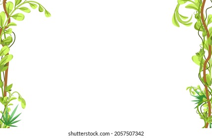 Jungle frame. Green tropical climbing vines. Flat cartoon style. Green exotic landscape. Isolated on white background. Vector