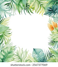 Jungle frame of vibrant green tropical leaves, painted in colorful watercolor style. Exotic foliage bright and refreshing border spring-themed vector design