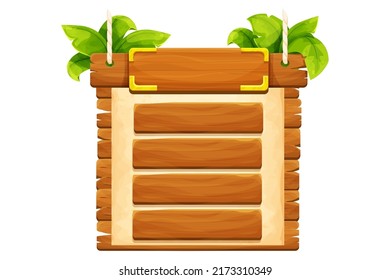 Jungle frame with wooden planks, old paper, rope, decorated plants and leaves in comic cartoon style isolated on white background. Tribal, rural clip art. Ui game asset.