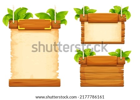 Jungle frame with wooden planks, old paper, rope, decorated plants and leaves in comic cartoon style isolated on white background. Tribal, rural clip art. Ui game asset.