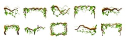 Jungle Frames. Green Vine. Tree Foliage. Rainforest Liana. Cartoon Plants. Creeper Branch. Grass And Wood Leaf Signs. Botany Texture. Wild Greenery. Vector Forest Game Elements Set