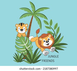 jungle friends, lion and tiger, tropical jungle animals, koala