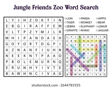 A Jungle Friends Zoo word search puzzle with a solved version showing the location of the hidden animal names.