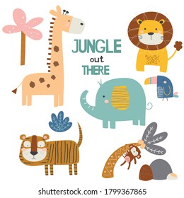 Jungle fun illustrations, jungle animal vectors and other elements.
lion, elephant, tiger, monkey and giraffe.