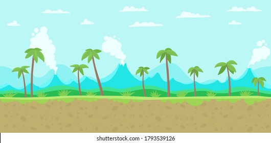 Jungle game background. Parallax ready layers. Seamless pattern tileable. Landscape with a palm trees tropics and volcano. Unending vector flat illustration. Horizontal banner.
