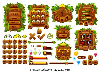 Interfaz de juego Jungle. Botones de juego Ui, elementos gui con hojas vectoriales de palma y plantas exóticas de liana de bosque tropical. Menú de opciones de madera, barra de progreso y panel de nivel, activo de juego de botones de acción