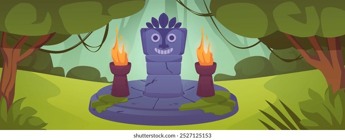 Paisagem de jogo de selva com pedra tribal asteca totem e tochas queimando. Altar antigo de desenhos animados, rosto de ídolos nos trópicos. Templo maia ruína ilustração vetorial na floresta tropical. Nível de jogo do ambiente