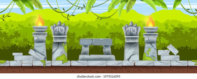 Jungle game seamless Aztec landscape, Mexican tropical ancient background, stone altar, totem face. Maya temple ruin illustration, rainforest silhouette, vine, fire. Environment game level landscape