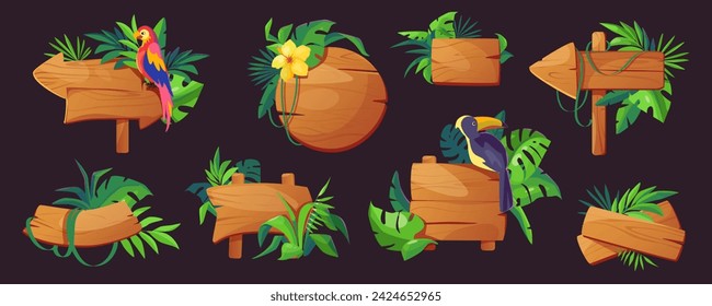 Juego de selva tableros de letreros mega conjunto en diseño gráfico de dibujos animados. Agrupa elementos de diferentes formas de señales y punteros de madera vacíos con hojas y loros. Ilustración vectorial de objetos aislados