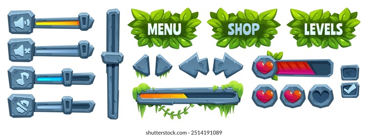 Selva juego piedra ui marco de dibujos animados icono de Vector. Hoja de bosque y liana en barra de progreso de roca. Elemento de Botón de menú para diseño de interfaz. Fantasía trópica azteca ilustración deslizante de salud con borde de vid