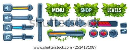 Jungle game stone ui frame cartoon vector icon. Forest leaf and liana on rock progress bar. Menu button element for interface design. Fantasy tropic aztec health slider illustration with vine border