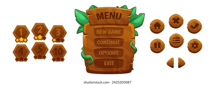 Conjunto de elementos de diseño de ui de juego de selva - marco de menú de madera con hojas tropicales verdes, botones redondos y activo de nivel con clasificación por estrellas. Kit de ilustración vectorial de dibujos animados para la interfaz de juego móvil de aventura