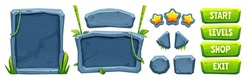 Jungle game ui elements with stone texture and green liana vines and tropical plant leaves. Cartoon vector illustration set of empty signboard and menu plaque, stars and buttons for videogame design.