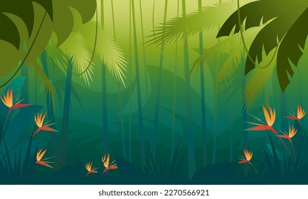 Jungle. Gradient background with palm branches, creepers and tropical flowers and plants.