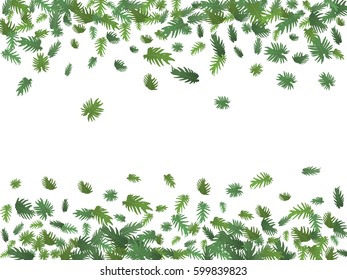 Jungle green leaves flying vector pattern, isolated on white. Exotic nature illustration. Floral graphic design with tropical flying leaves. Card, banner, flyer background. Equatorial nature