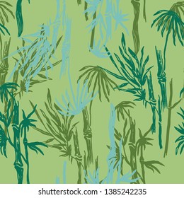 Jungle green seamless pattern with bamboo trees. Floral background. Colored tropical wallpaper, nature illustration for fabric, textile or prints - Vector