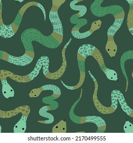 Jungle green snake seamless vector pattern. Fun, playful, flat style illustration of tropical snakes. Repeat print for backgrounds, backdrops, textiles, wallpaper.