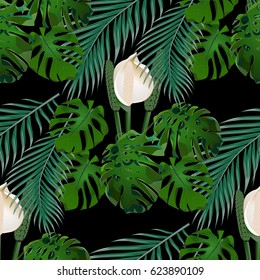 Jungle. Green tropical leaf, monster flowers and palm leaves. Seamless floral pattern. Isolated on black background. Vector illustration