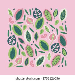 Jungle greeting card with monstera and ficus leaves, calla, seeds on pink background. Perfect for summer invitation, posters. Square vector illustration