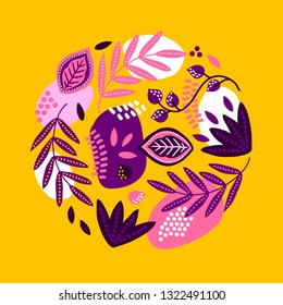 Jungle greeting card with palm leaves, liana, spots on yellow background. Circle ornament. Perfect for summer invitation