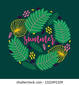 Jungle greeting card with palm leaves, dots on dark green background. Circle ornament. Perfect for summer invitation