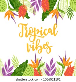 Jungle greeting card with seamless border - strelitzia, palm branches, tropical leaves. Perfect for summer holidays