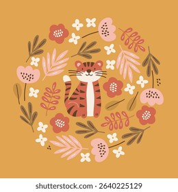 Jungle greeting card with tiger, flowers, palm leaves on yellow background. Circle ornament. Perfect for seasonal holidays, summer decorations. Vector child illustration