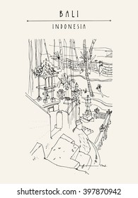 A jungle guest house in Ubud, Bali, Indonesia, Asia. Hand drawing. Vertical composition.  Hand drawing. Travel sketch. Book illustration, postcard or poster template in vector