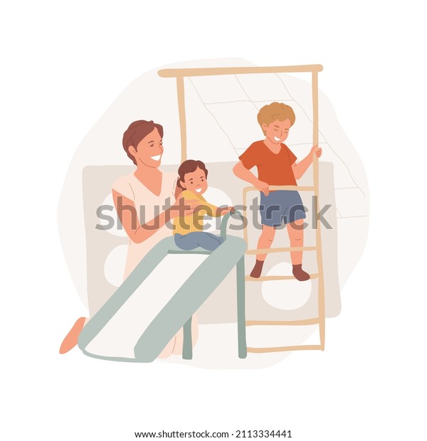 Jungle\
gym isolated cartoon vector illustration. Indoor jungle gym for\
toddlers, family leisure time, ninja home playground, kids climbing\
rope-ladder, child sliding down cartoon\
vector.
