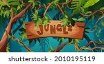 Jungle hand lettering wooden text. Textured cartoon letters. Liana or vine winding branches with tropic leaves background. Rainforest tropical climbing plants.