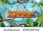 Jungle hand lettering wooden text. Textured cartoon letters. Liana or vine winding branches with tropic leaves background. Rainforest tropical climbing plants.