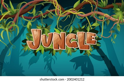 Jungle hand lettering wooden text. Textured cartoon letters. Liana or vine winding branches with tropic leaves background. Rainforest tropical climbing plants.