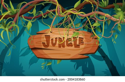 Jungle hand lettering wooden text. Textured cartoon letters. Liana or vine winding branches with tropic leaves background. Rainforest tropical climbing plants.