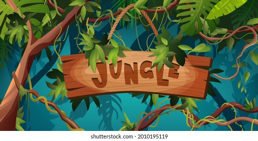 Jungle hand lettering wooden text. Textured cartoon letters. Liana or vine winding branches with tropic leaves background. Rainforest tropical climbing plants.