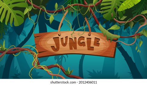 Jungle hand lettering wooden text. Textured cartoon letters. Liana or vine winding branches with tropic leaves background. Rainforest tropical climbing plants.