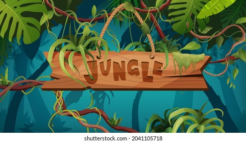 Jungle hand lettering wooden text. Textured cartoon letters. Liana or vine winding branches with tropic leaves background. Rainforest tropical climbing plants.