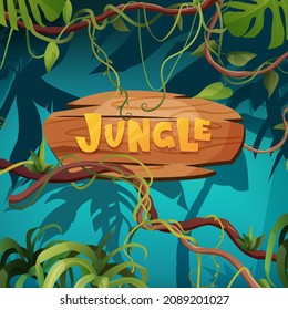 Jungle hand lettering wooden text. Textured cartoon letters. Liana or vine winding branches with tropic leaves background. Rainforest tropical climbing plants.