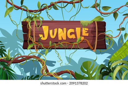 Jungle hand lettering wooden text. Textured cartoon letters. Liana or vine winding branches with tropic leaves background. Rainforest tropical climbing plants.