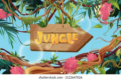 Jungle hand lettering wooden text. Textured cartoon letters. Liana or vine winding branches with tropic leaves background. Rainforest tropical climbing plants.