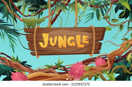 Jungle hand lettering wooden text. Textured cartoon letters. Liana or vine winding branches with tropic leaves background. Rainforest tropical climbing plants.