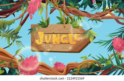 Jungle hand lettering wooden text. Textured cartoon letters. Liana or vine winding branches with tropic leaves background. Rainforest tropical climbing plants.