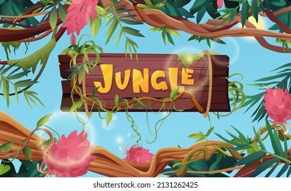 Jungle hand lettering wooden text. Textured cartoon letters. Liana or vine winding branches with tropic leaves background. Rainforest tropical climbing plants.